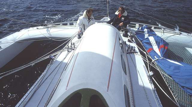 Gilles Gahinet et Nick Keig à bord du catamaran VSD III. Engagés dans la Transat en Double de 1983 - © Christian Février